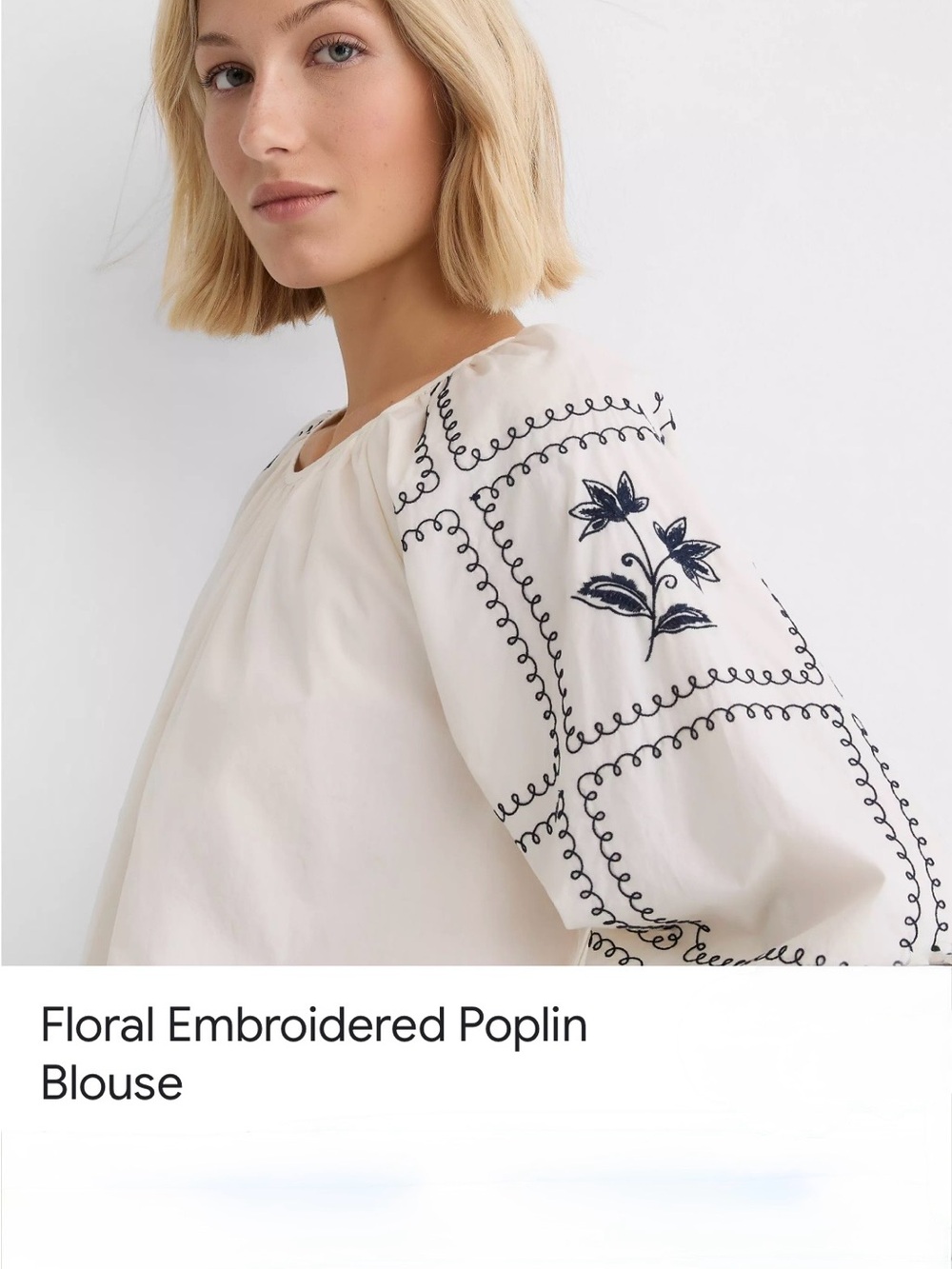LOFT Cream Blouse with Navy Embroidered Sleeves